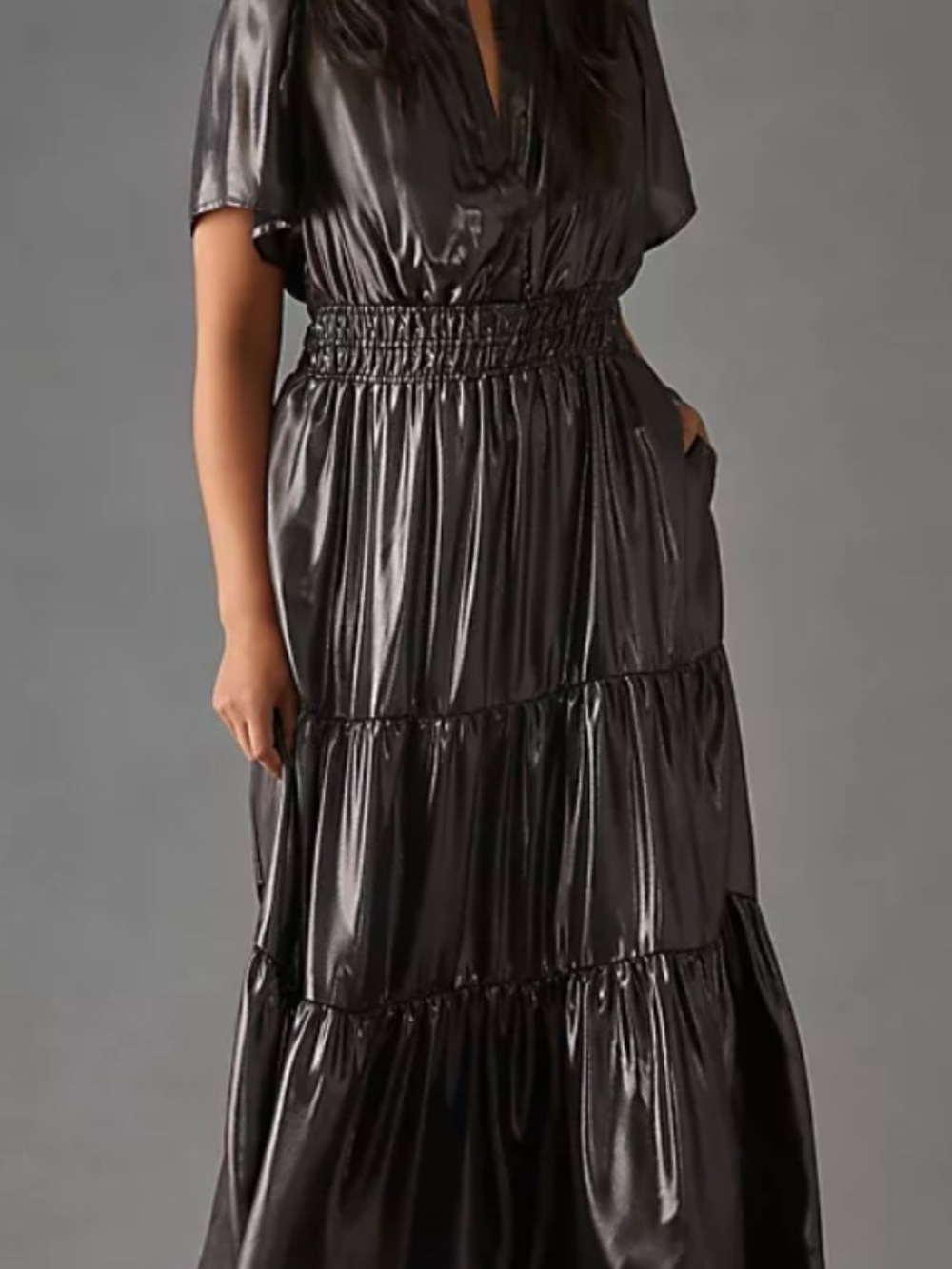 Anthropologie Shiny Black Tiered Maxi Dress